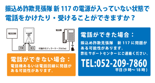 振込め詐欺見張隊　新117の電源アダプター(プラグ側あるいはコンセント側)を抜いた状態で電話が発着信できるかお試しください。